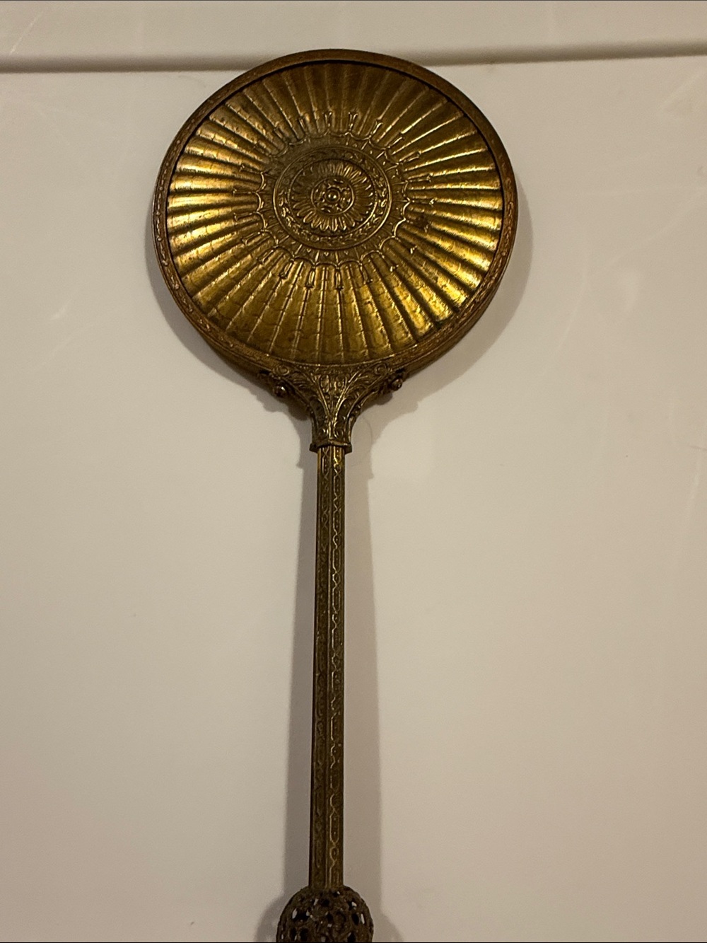 Vintage Hollywood Regency Brass Hand Mirror Filigree Orb Handle